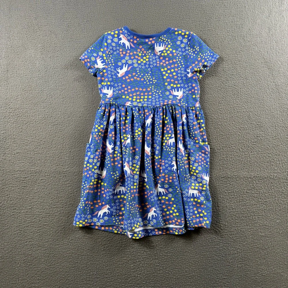 Hanna Andersson Pocket Dress Youth 5 Blue Unicorn Floral Cotton Casual Everyday